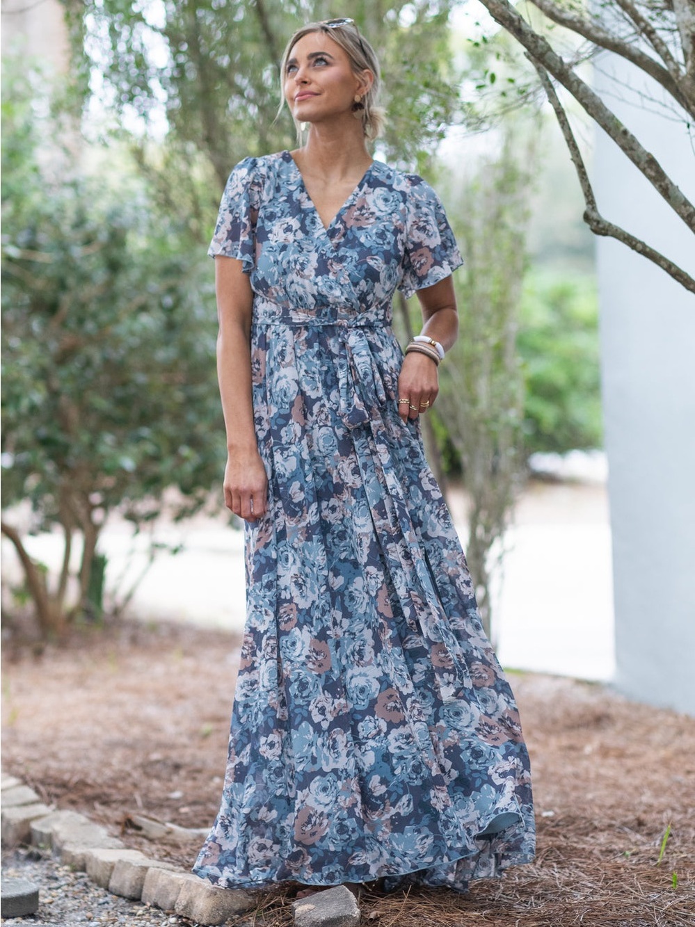 Slate Blue Floral Chiffon Maxi Dress